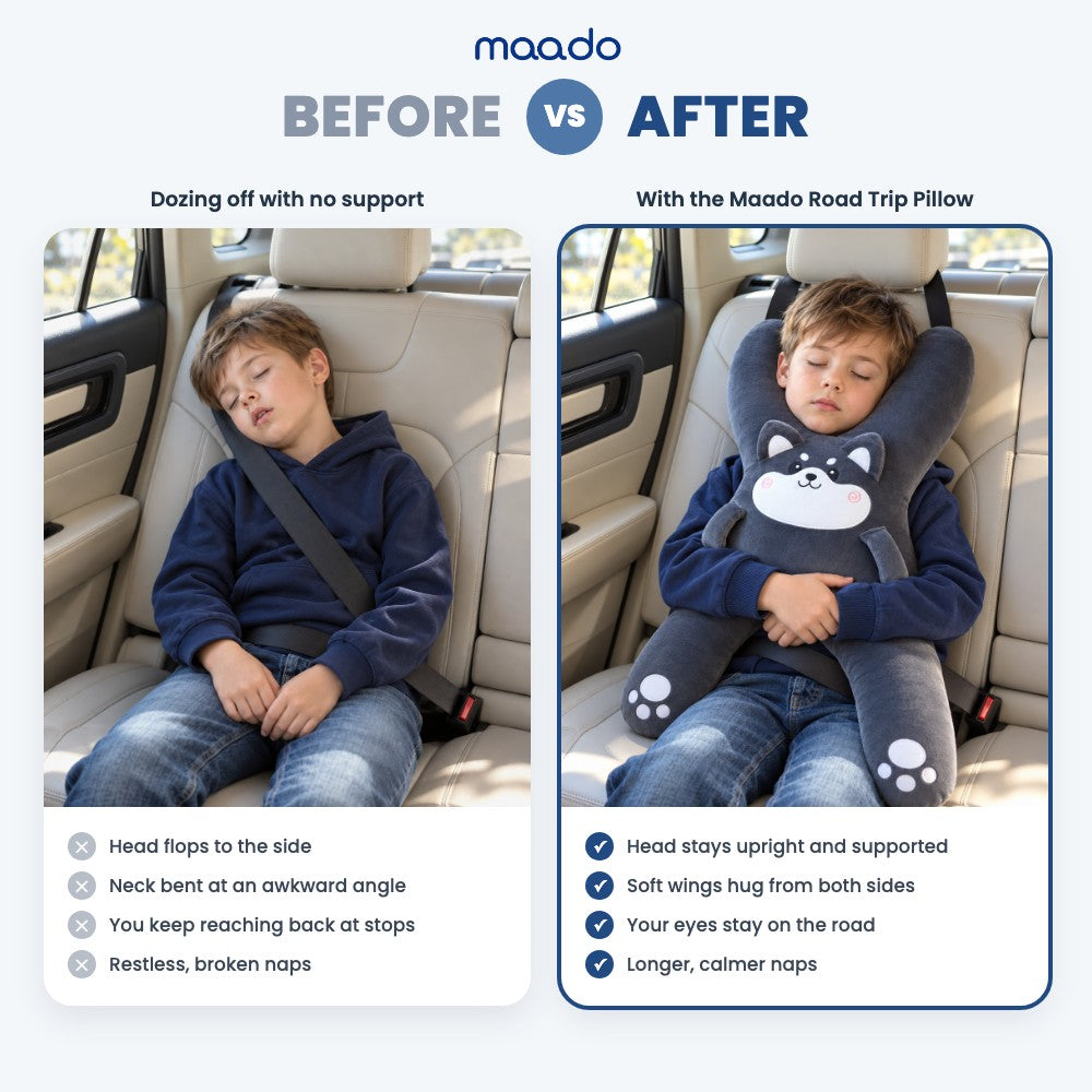 Before and after: child napping in the car without support vs with the Maado Road Trip Pillow