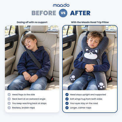 Before and after: child napping in the car without support vs with the Maado Road Trip Pillow
