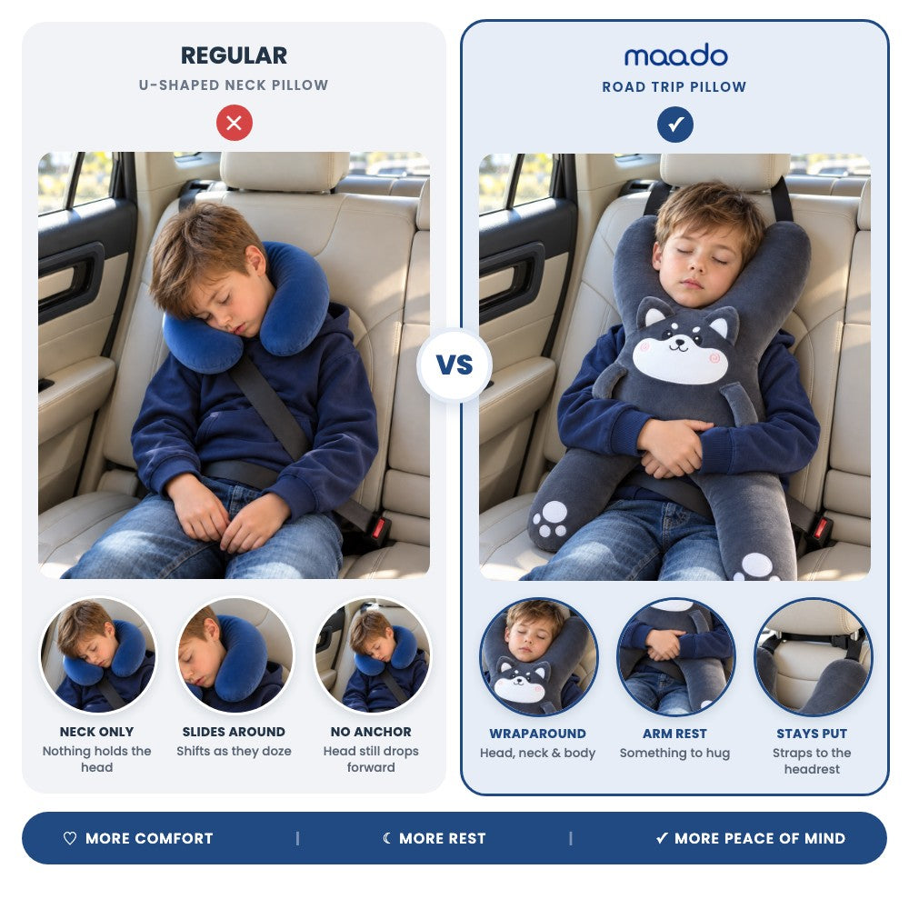 Regular U-shaped neck pillow vs Maado Road Trip Pillow: wraparound support, arm rest, straps to the headrest