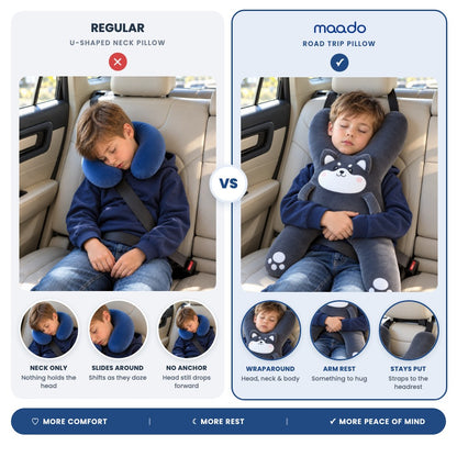 Regular U-shaped neck pillow vs Maado Road Trip Pillow: wraparound support, arm rest, straps to the headrest