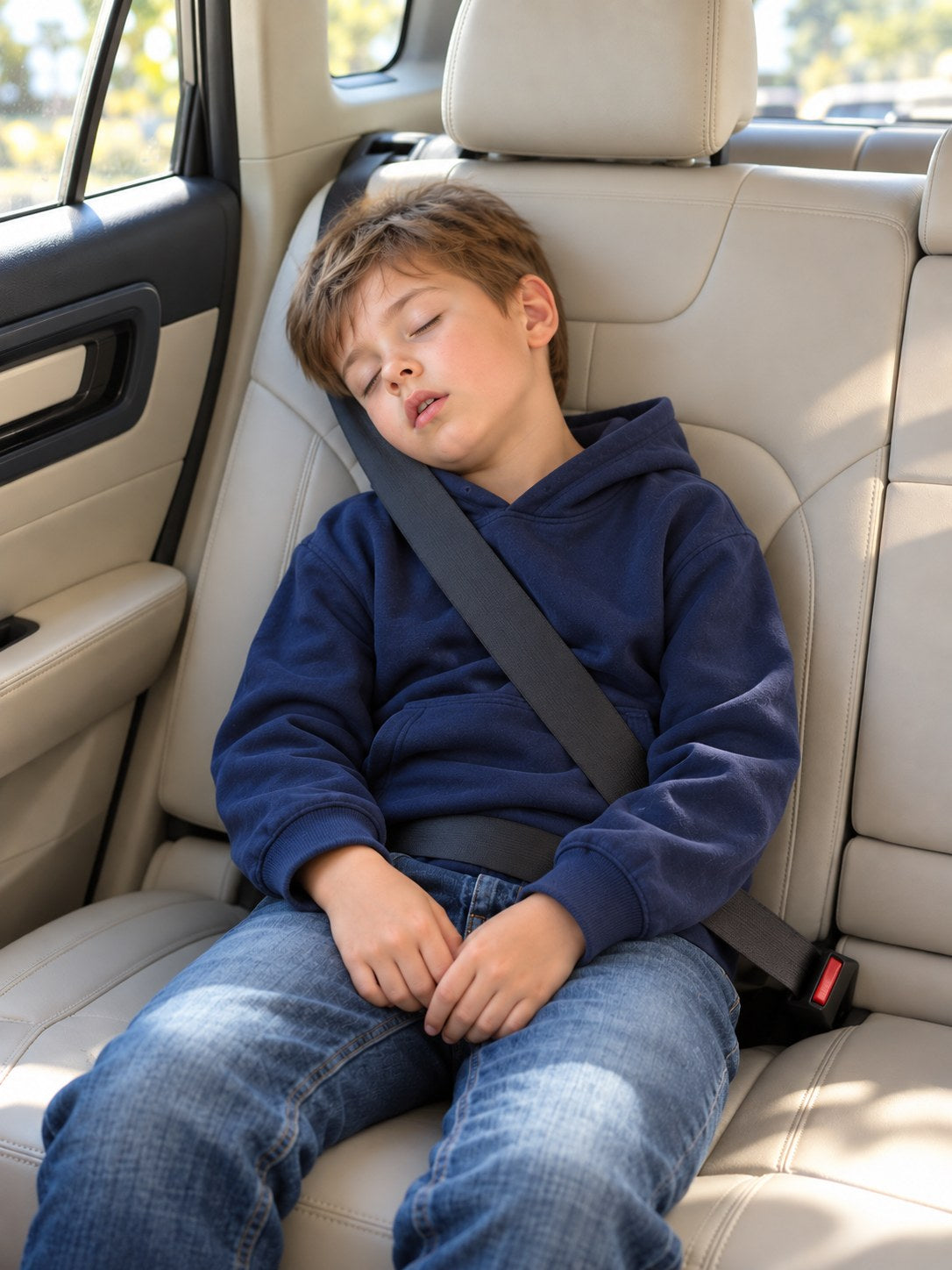 Child asleep in the car with his head flopped to the side