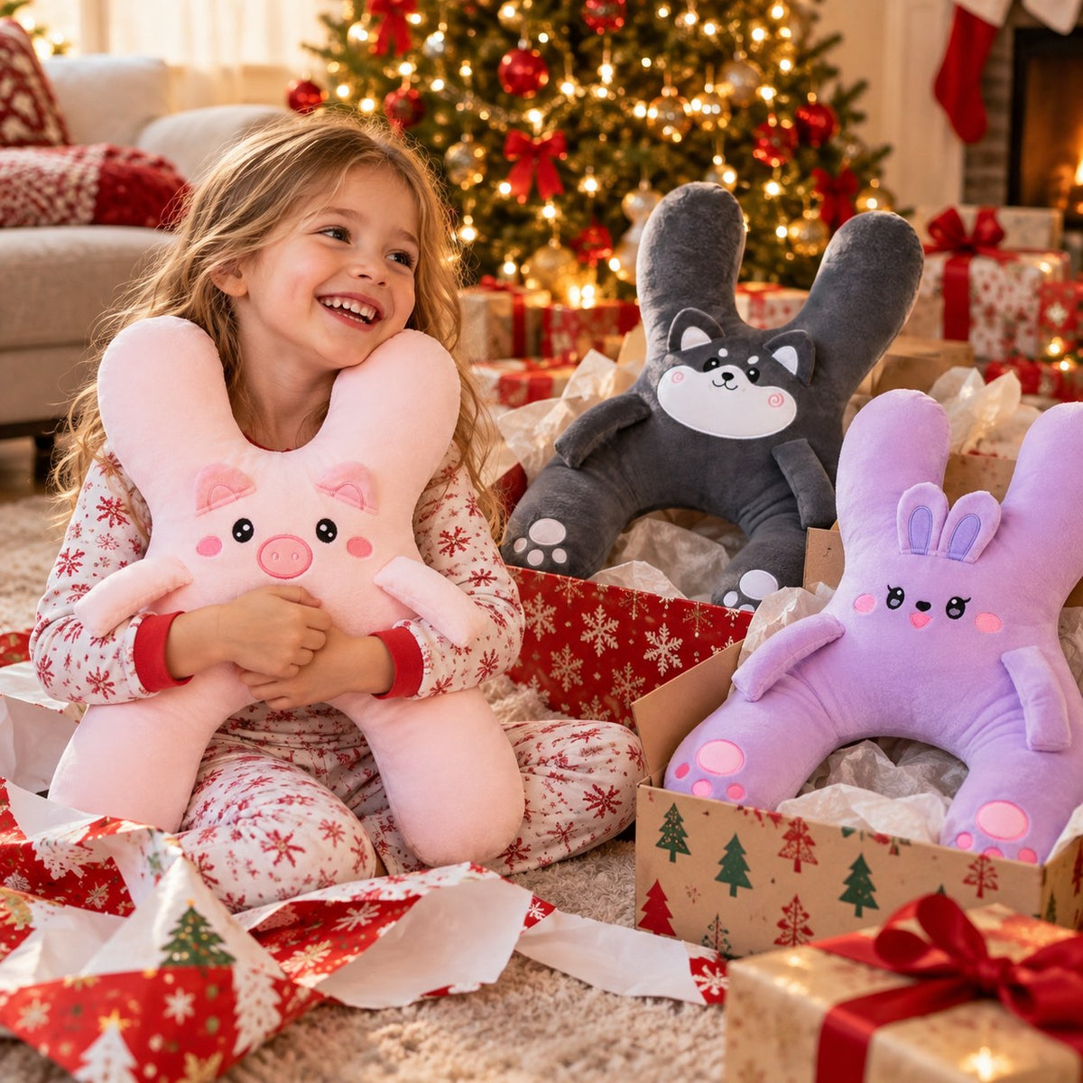 Girl hugging a Pink Piggy Road Trip Pillow on Christmas morning