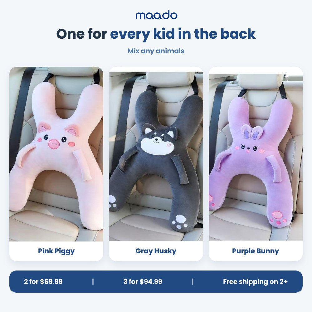 Road Trip Pillow in Pink Piggy, Gray Husky and Purple Bunny